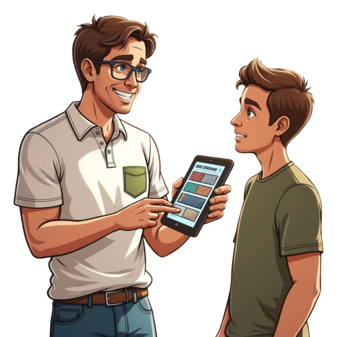 a man holding a tablet and looking at a boy